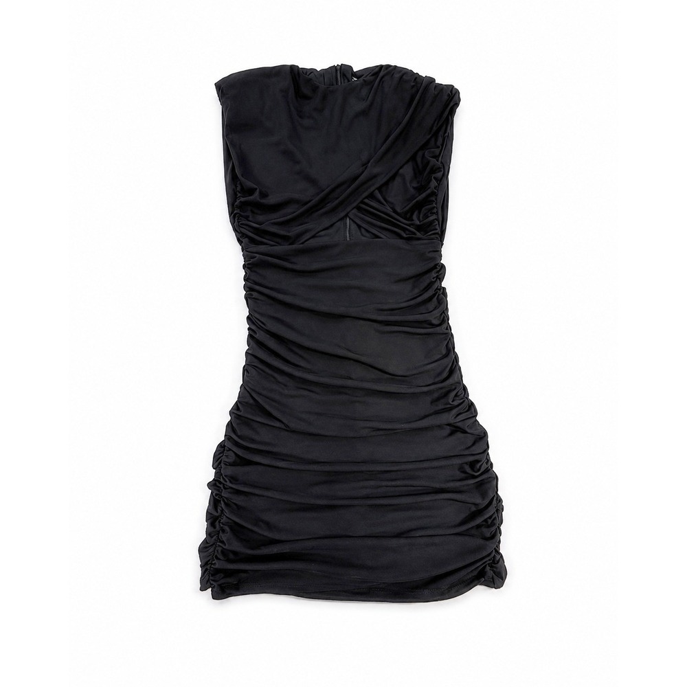 Zara Mini Dress Cutout Ruched Padded‎ Shoulder Womens S Black Bodycon Cap Sleeve